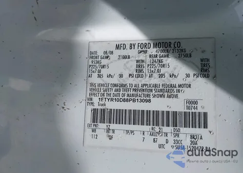 2008 Ford Ranger Xl/Xlt из США, поврежденный, VIN 1FTYR10D88PB13098